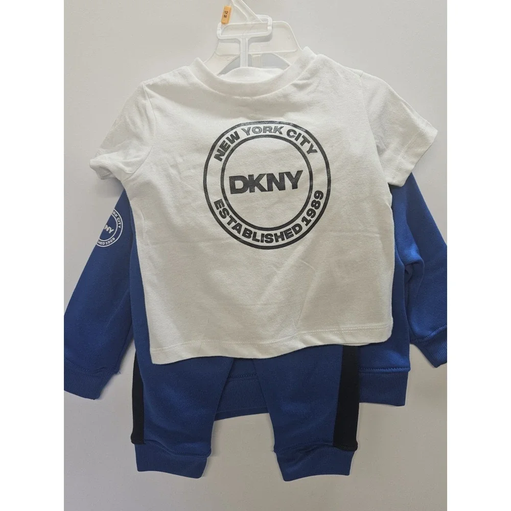 DKNY  12M, Set‎ Of 3, Blue Pull Over Hoodie/Blue Pants/ Crew Neck White T Shirt